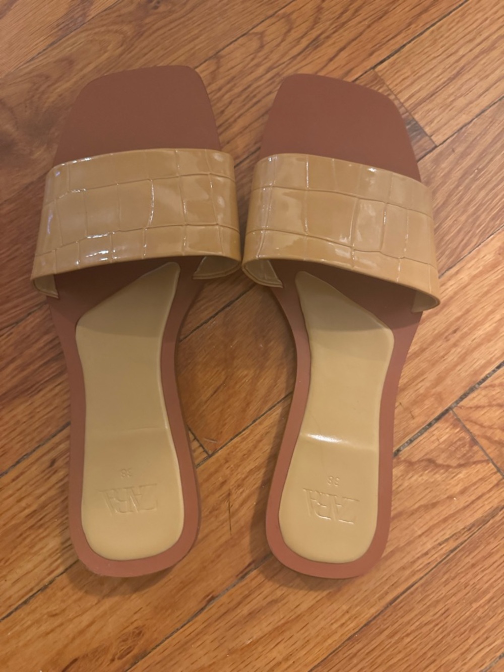 Zara Tan Croc-Embossed Slide Sandals
